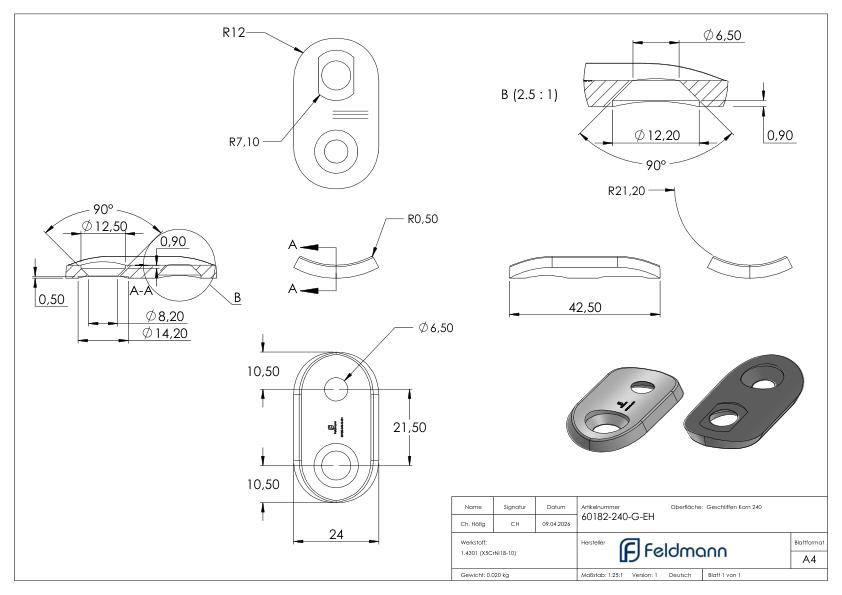 End-Handlaufanschlussplatte für Rohr 42,4mm, V2A