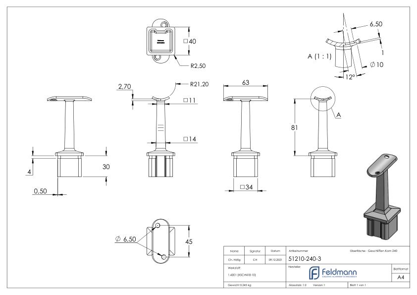 Rohrabschlussstopfen mit Stift für Rohr 40x40x3mm, V2A