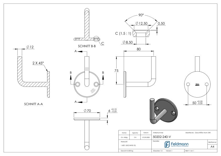 Handlaufhalter zum Anschweißen (Ronde und Bügel verschweißt), V2A