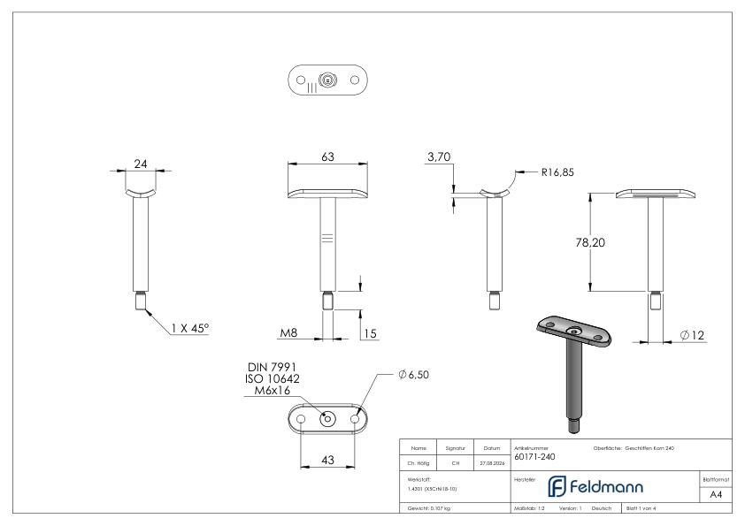 Stift Ø 14mm mit Handlaufanschlussplatte für Rohr 33,7mm, V2A