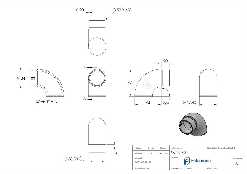 Endbogen 90° flach, für Rohr 42,4x2,0mm, V2A