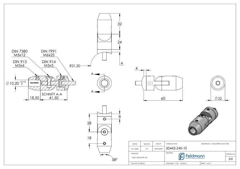 Querstabhalter mit Gelenk (zum Stoßen von vorne) 42,4mm Rohr, 10,2mm Bohrung, V2A