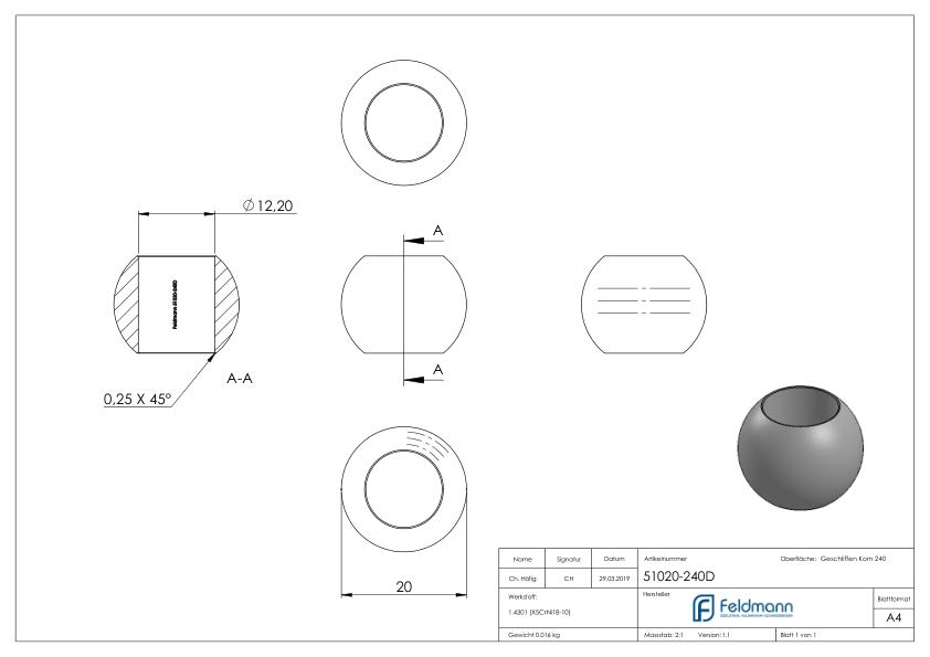 Vollkugel Ø 20mm mit Durchgangsbohrung 12,2mm, V2A