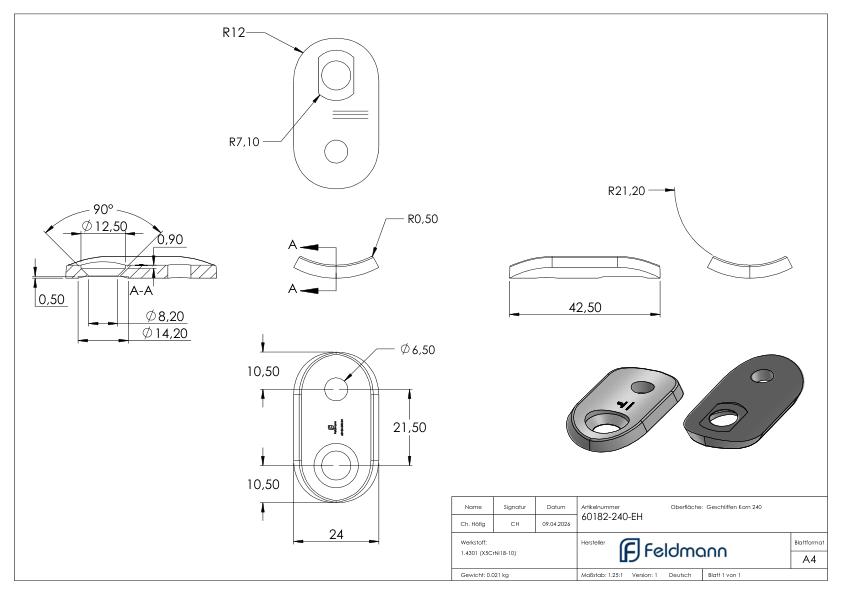 End-Handlaufanschlussplatte für Rohr 42,4mm, V2A