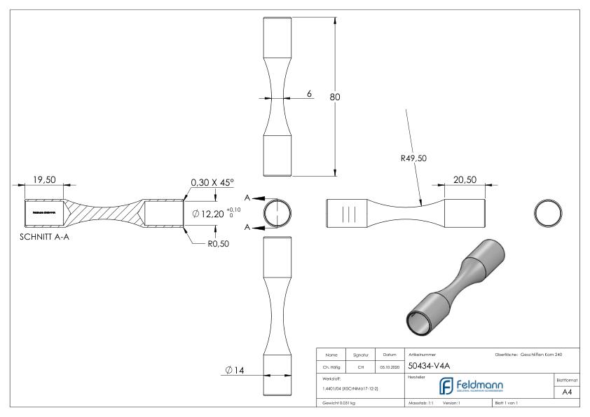 Rundstabverbinder (zum Biegen), für 12mm Rund, V4A