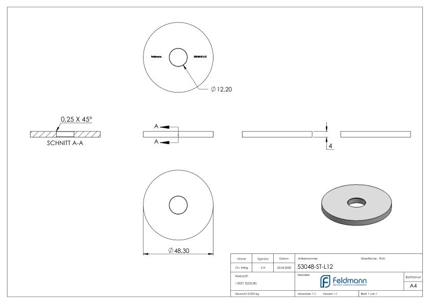 Ronde 48,3x4mm mit Ø 12,1mm Bohrung