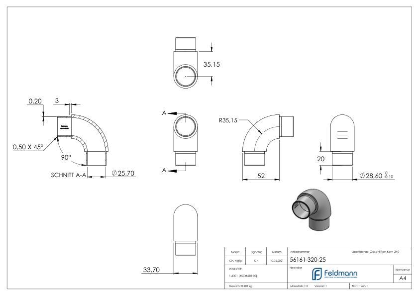 Rohrbogen 90°, für Rohr 33,7x2,5mm, V2A