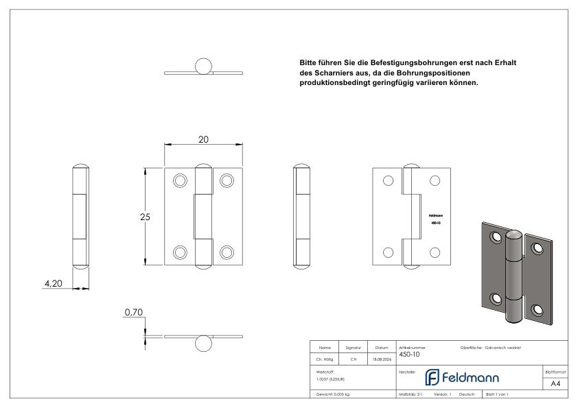 Scharnier 25x20mm mit festem Zapfen