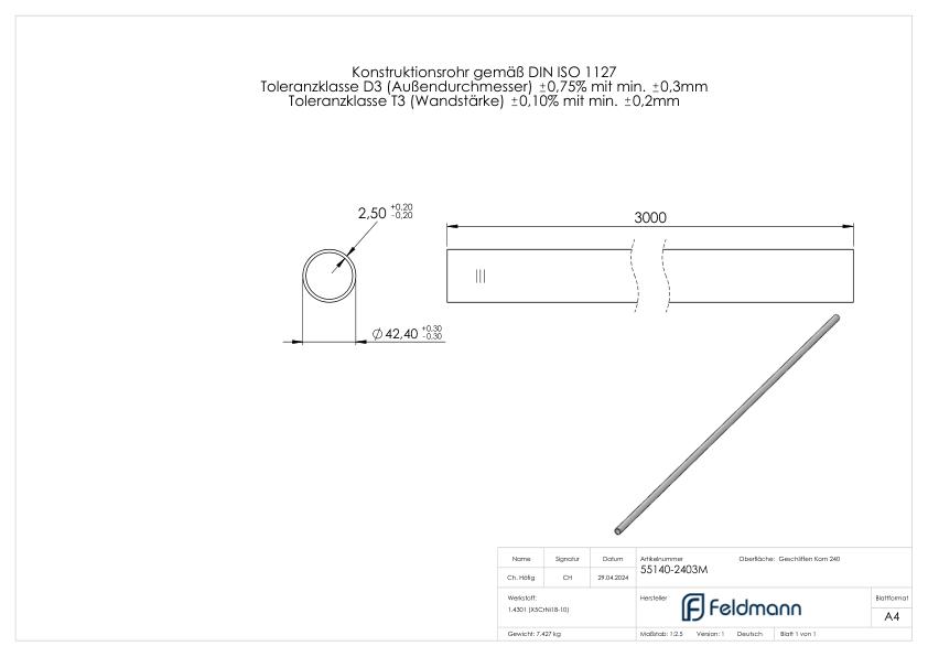 Edelstahlrohr, 42,4x2,5mm, L: 3000mm, V2A