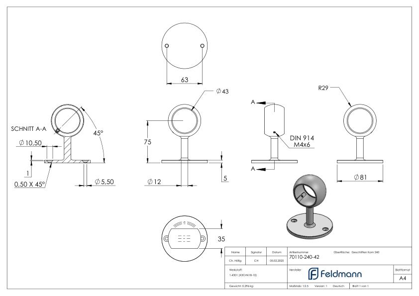 Rohrhalter, für Rohr 42,4mm, V2A