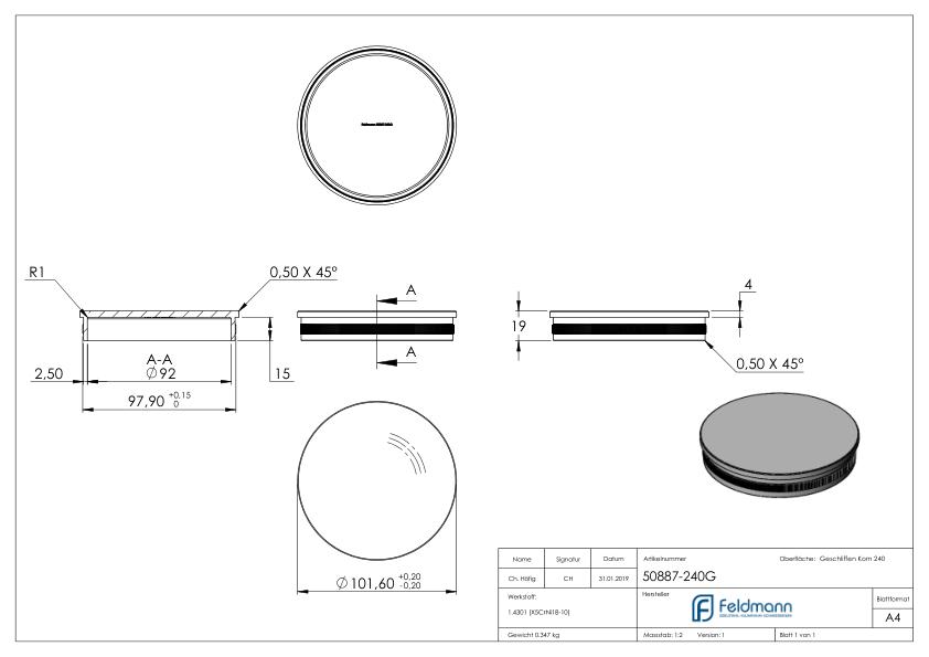 Rohrabschlussstopfen, für Rohr 101,6x2,0mm, V2A