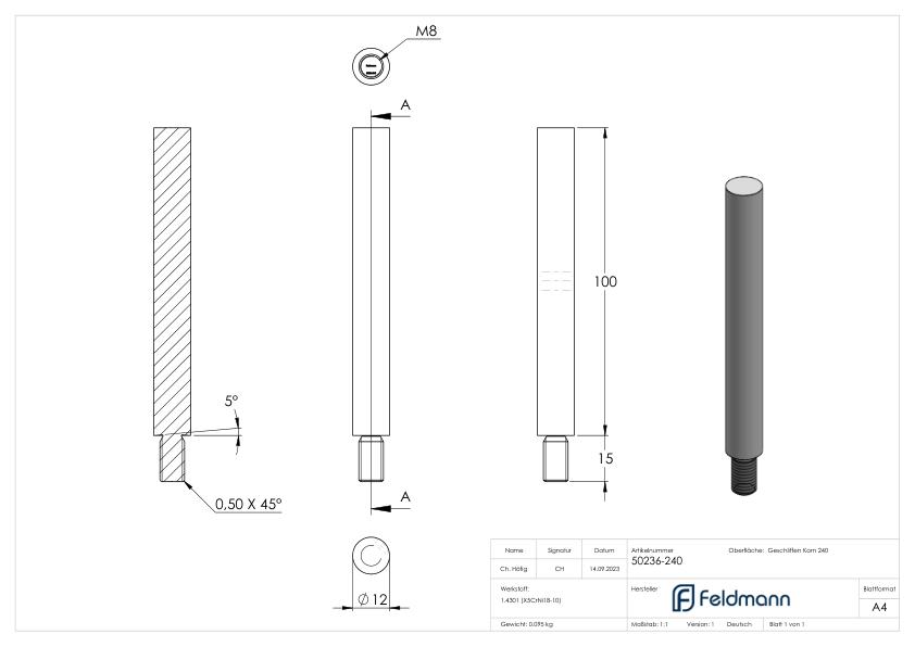 Stift Ø 12mm, L: 100mm, V2A