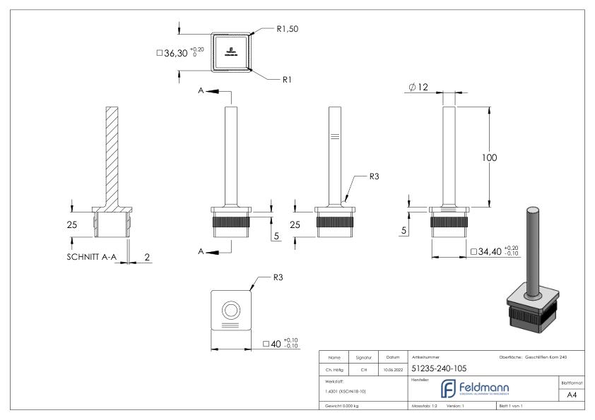 Stopfen mit Stift für Rohr 40 x 40 x 2,0mm, Höhe 105mm