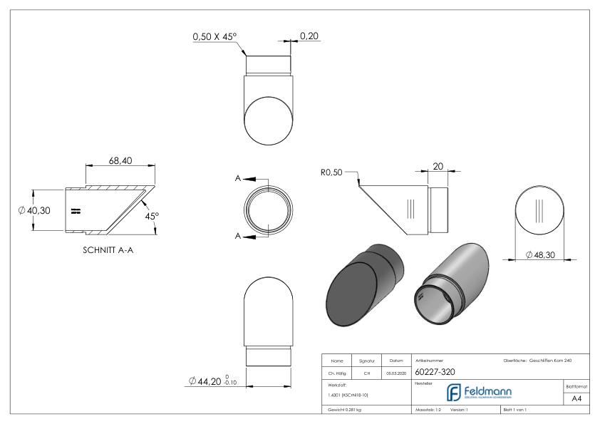 Endbogen 45°, für Rohr 48,3x2,0mm, V2A