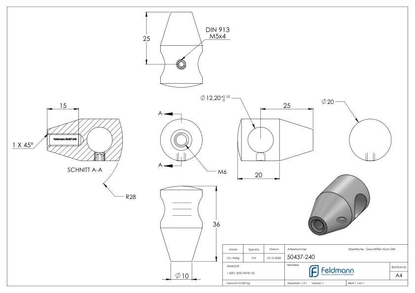 Querstabhalter mit Gewinde M6, Bohrung 12,2mm Bohrung, V2A