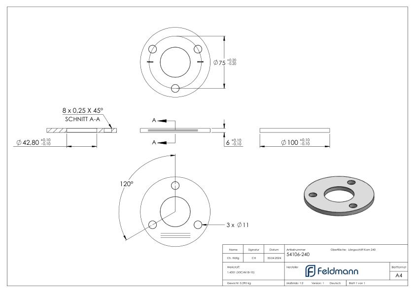 Ankerplatte Ø 100x6mm, mit Längsschliff, V2A