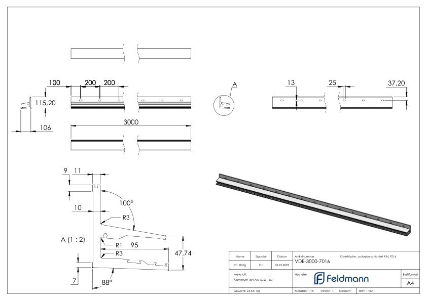 Vordachprofil eleganza canopy, L: 3000mm, RAL7016