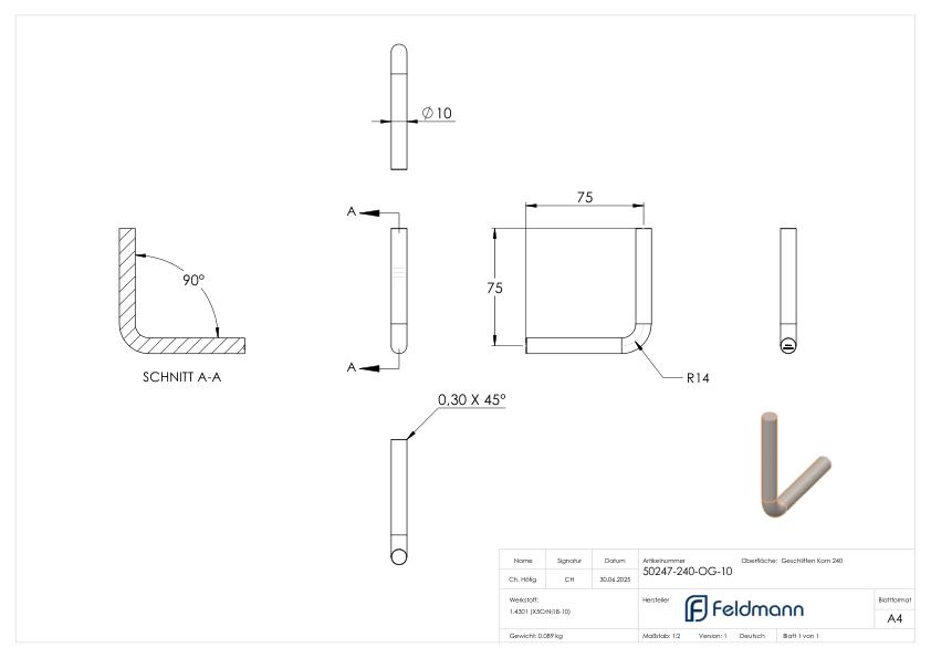 Bügel Ø 10mm, 90° gebogen, ohne Gewinde, V2A
