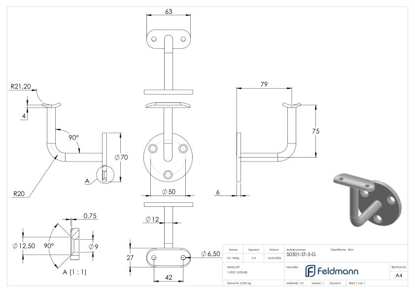 Handlaufträger mit Halteplatte für Rohr 42,4mm, Bohrungen gesenkt