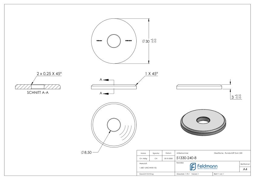 Beilagscheibe 30x3mm mit Fase, Bohrung 8,5mm, V2A
