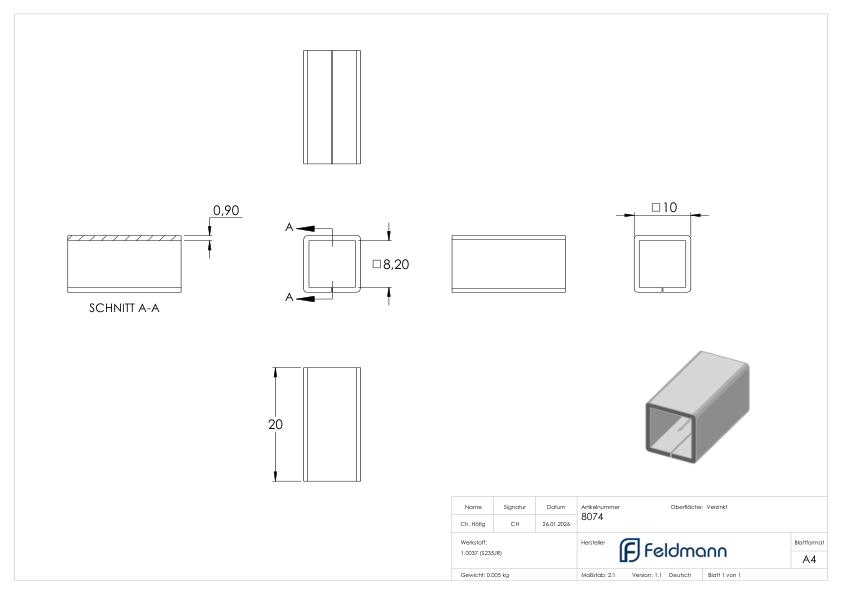 Ausgleichshülse von 8x8 auf 10x10mm, verzinkt