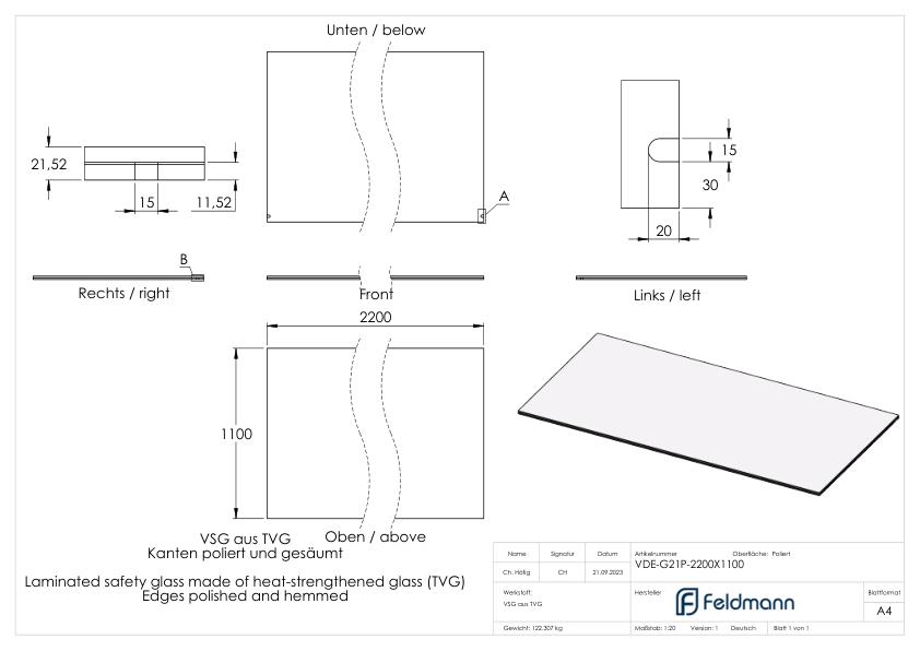 Eleganza canopy Glas: 2200x1200mm VSG aus 2x10mm TVG mit 1,52mm PVB