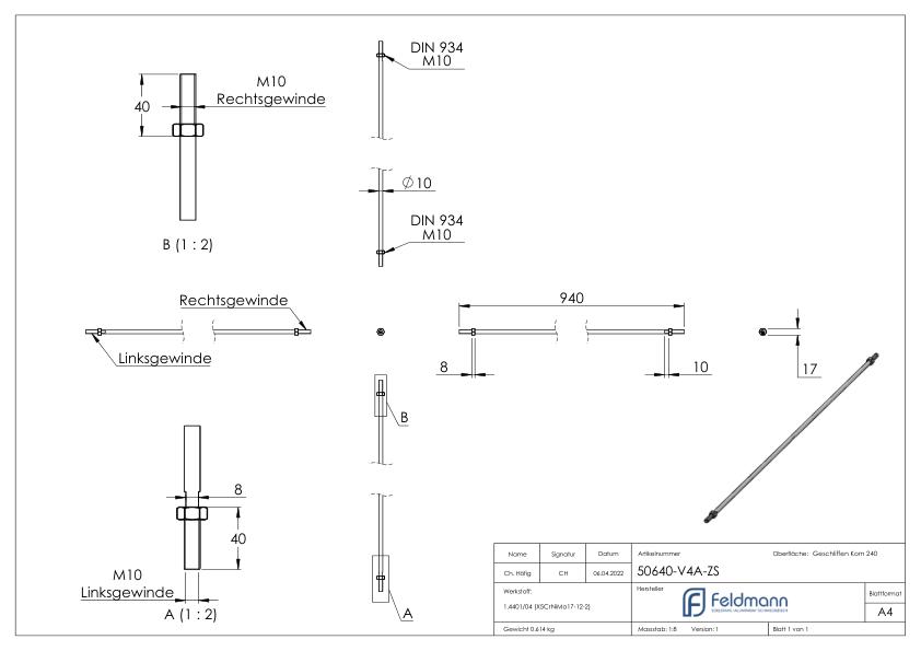 Zugstange zu Vordachsystem mit L: 940mm, V4A