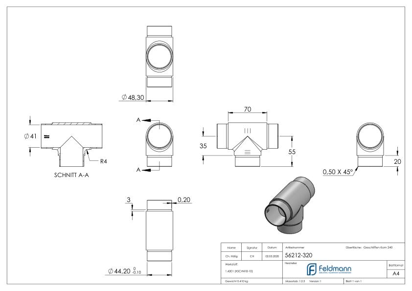 T-Stück egal, für Rohr 48,3x2,0mm, V2A