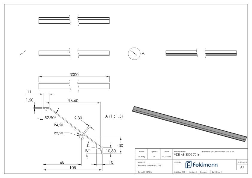 Design-Abdeckung für eleganza canopy, L: 3000mm, RAL 7016