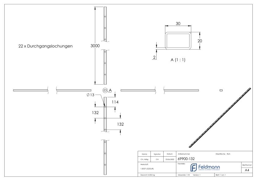 Rechteckrohr 30x20x2mm, Löcher für Ø 12mm mit Abstand Mitte-Mitte 132mm, L: 3000mm