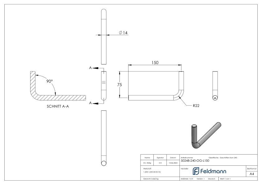 Bügel Ø 14mm, 90° gebogen, ohne Gewinde, V2A
