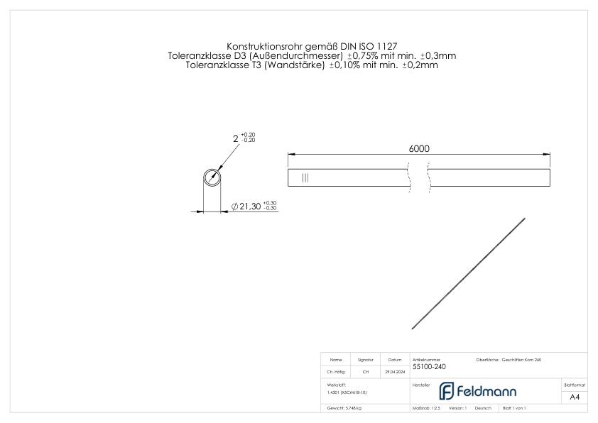 Edelstahlrohr, 21,3x2,0mm, L: 6000mm, V2A