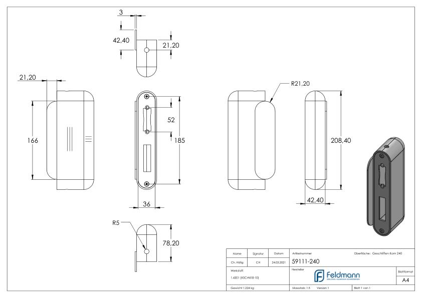 Edelstahlgegenkasten abgerundet für Abstand 72mm, für Schloss # 59103-240,78.2x42.4x208.4mm, V2A