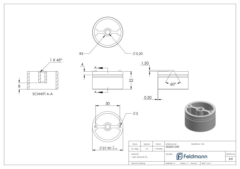 Adapter für Ø42,4mm Holzhandlauf, V2A
