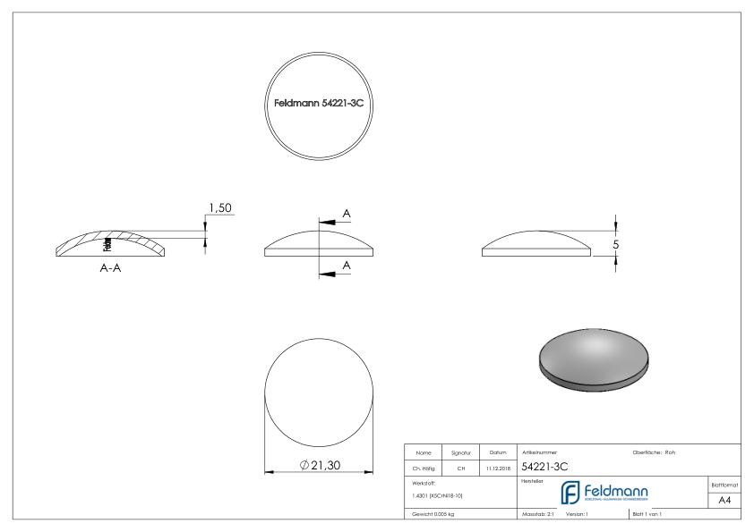 Gewölbte Schale Ø 21,3x1,5mm, H: 5mm, roh, V2A