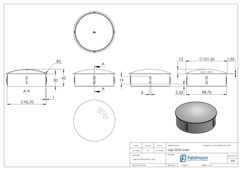 Rohrabschlussstopfen, für Rohr 101,6x2,0 - 2,5mm, V4A