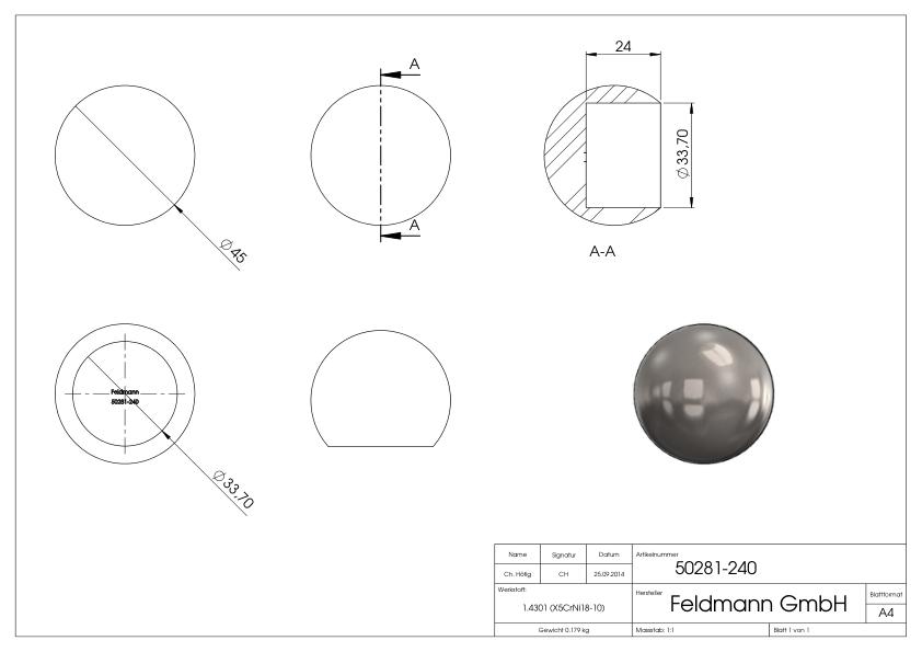 Rohrabschlusskugel, für Rohr 33,7mm, Ø 45mm, V2A