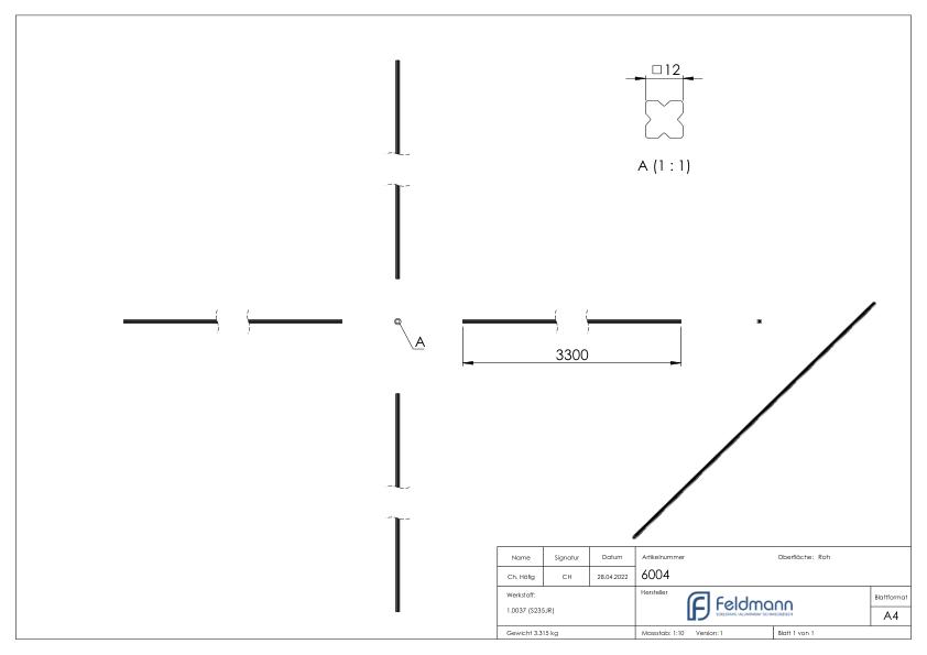 Vierkant S235JR, 12x12mm, L: 3300mm