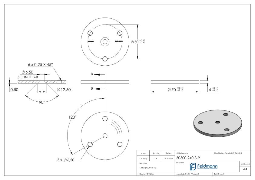 Ronde, Ø 70x4mm, mit Rundschliff, V2A
