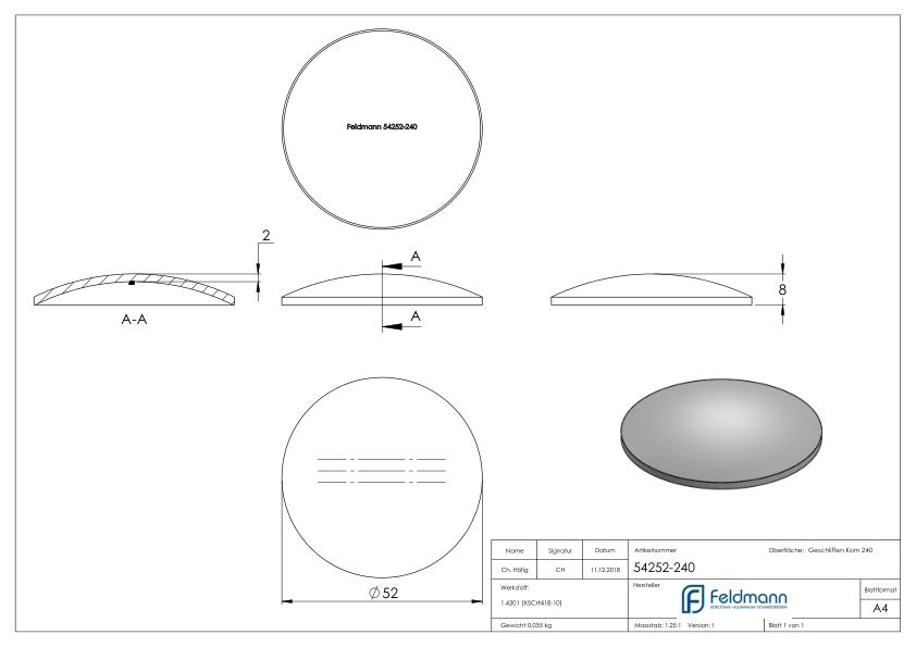 Gewölbte Schale Ø 52x2,0mm, H: 8mm, V2A