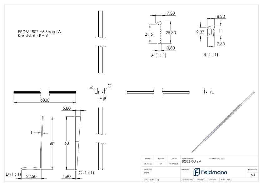 Montageset für 6m Aluprofil für Glas 20,76-21,52mm