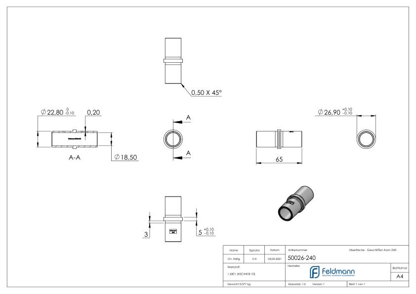 Verbindungsstück für Rohr 26,9x2,0mm, V2A
