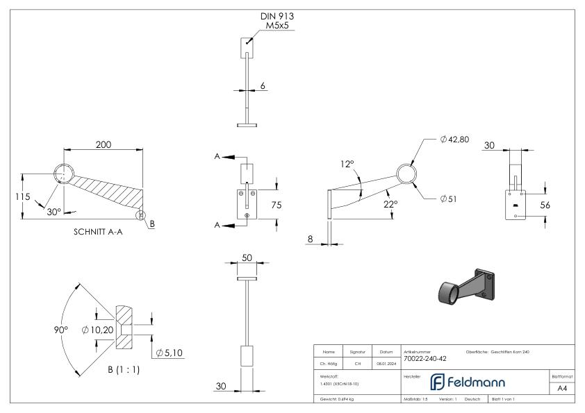 Fußlauf- / Handlaufstütze, für Rohr 42,4mm, V2A