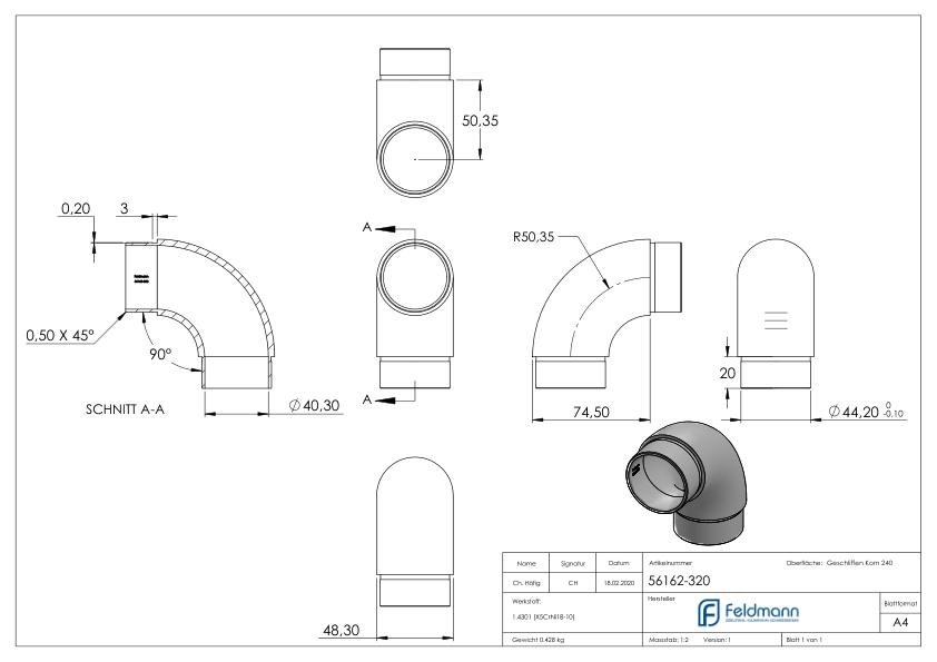 Rohrbogen 90°, für Rohr 48,3x2,0mm, V2A