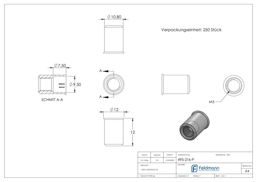 Blind-Einnietmutter, V2A M8/Loch 11mm, VPE mit 250 Stück, V2A Blind-Einnietmutter, V2A M8/Loch 11mm, VPE mit 250 Stück, V2A
