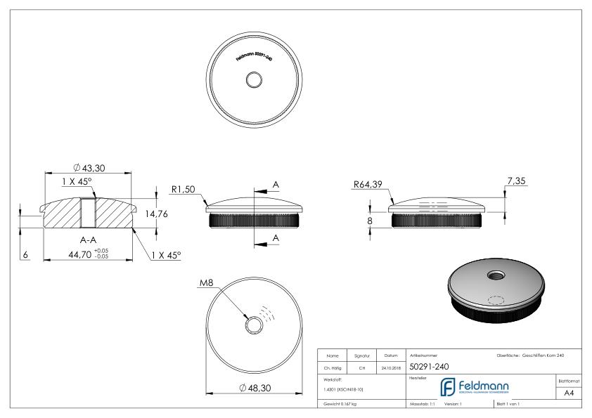 Rohrabschlussstopfen, für Rohr 48,3x2,0mm, V2A