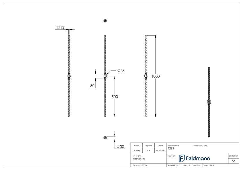 Knubbelstab 13x13mm, gehämmert, H: 1000mm