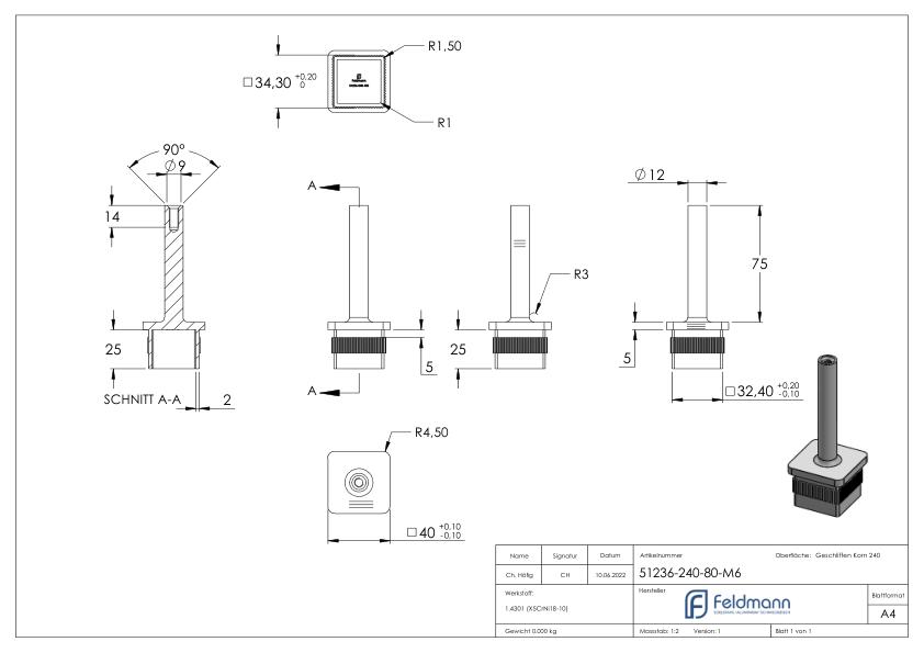 Stopfen mit Stift für Rohr 40 x 40 x 3,0mm, Höhe 80mm, mit M6 Innengewinde