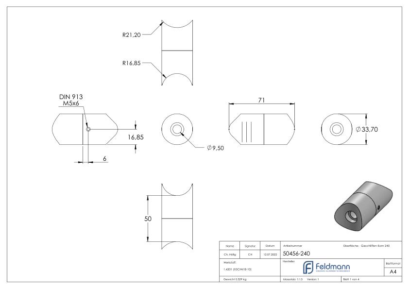 Rohrverbindungsstück von 33,7 / 42,4mm, V2A