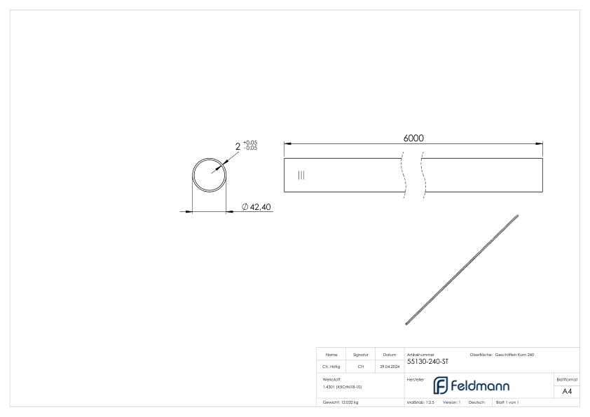 Edelstahlrohr, 42,4 x 2,0mm, L=6m, Korn 240 geschliffen, V2A